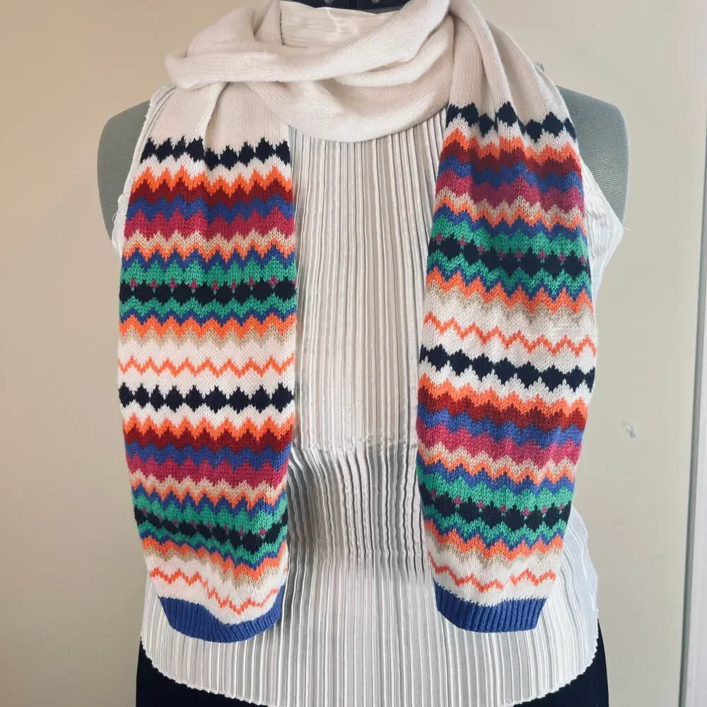 Talbots Multicolor Zigzag Knit Scarf Lambswool Blend Cozy Cabincore Winter Wrap